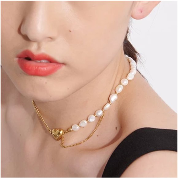 New 18K Gold Natural Pearl Heart Chain Necklace - Picture 3 of 16